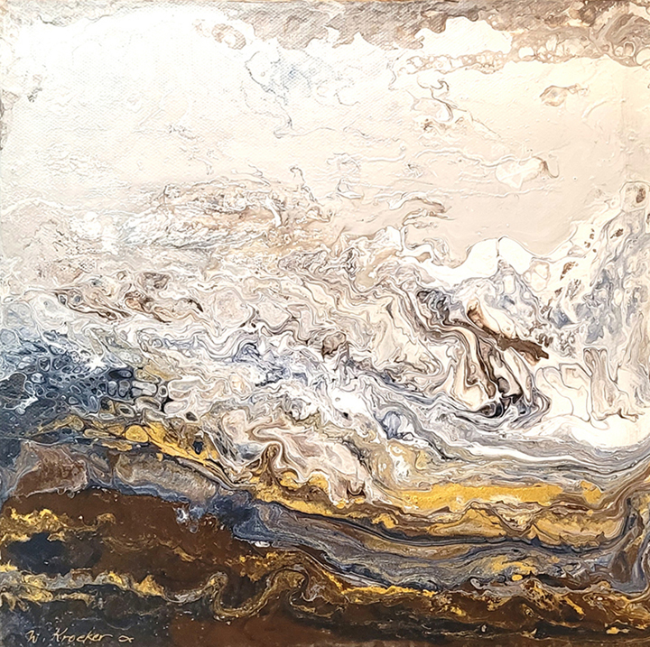 An Acrylic abstract with neutral browns and greys and metallic overtones. Warm and bright.